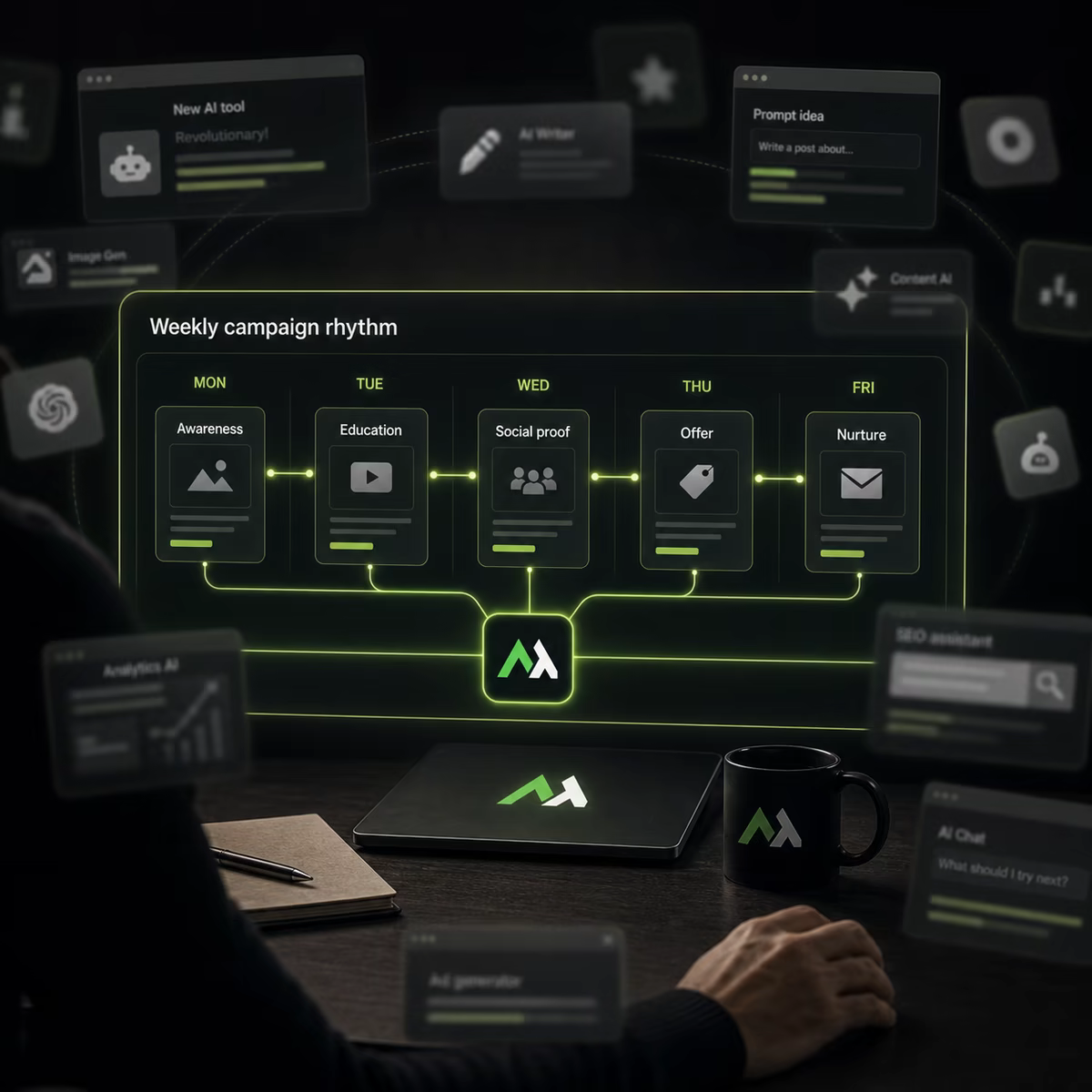 A Markethink marketing rhythm workspace showing campaign planning, approvals, and weekly output