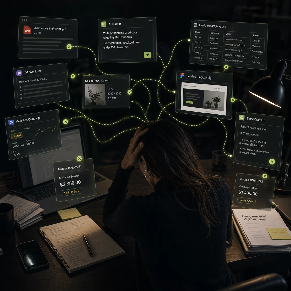 A Markethink workspace showing disconnected marketing apps being organized into one workflow