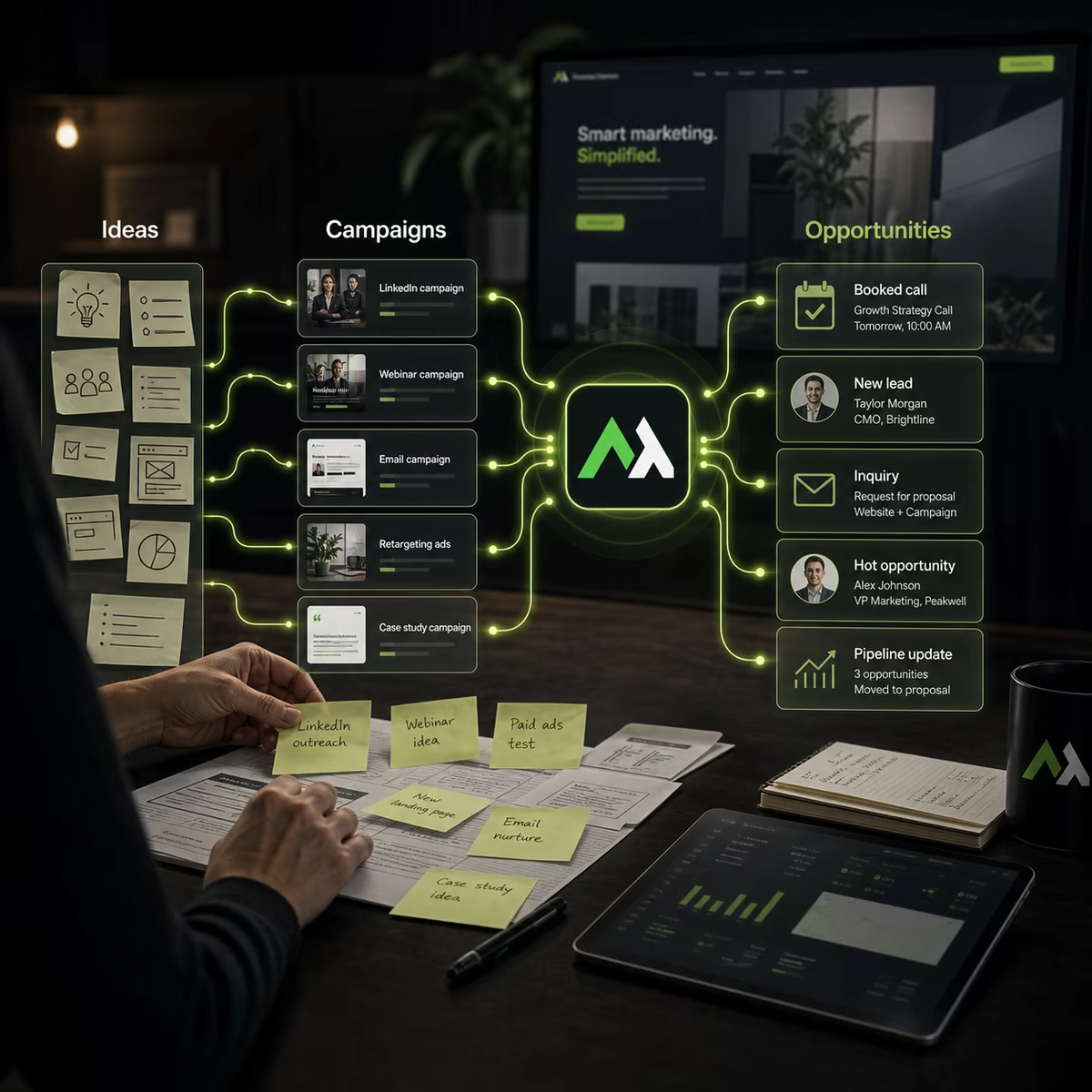 A Markethink workflow turning ideas into campaign assets and client opportunities