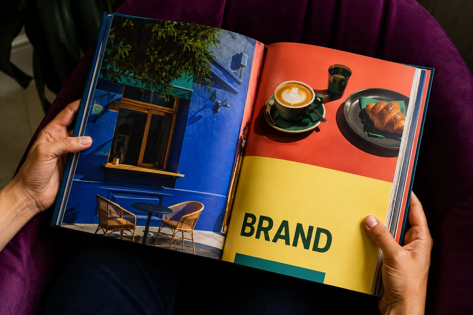 Hands holding a richly colored café brand art book against aubergine velvet.